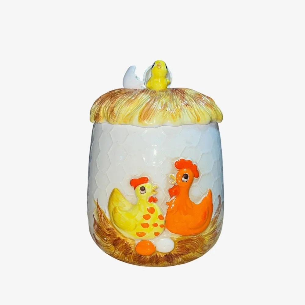 Vintage Sears 1976 Ceramic Chicken Nest Cookie Jar Farmhouse White Yellow Orange